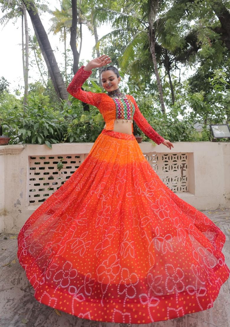 Orange Kutch Work Georgette Lehenga Set - Indya