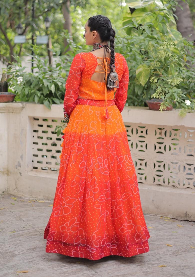 Orange Kutch Work Georgette Lehenga Set - Indya