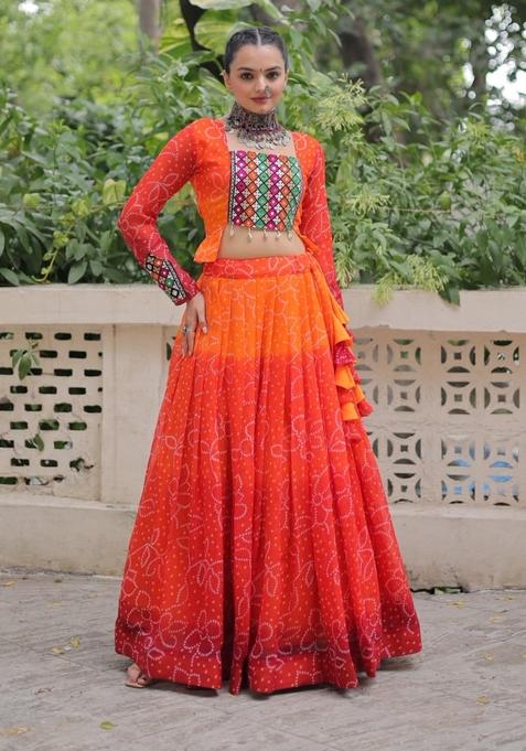 Orange Kutch Work Georgette Chaniya Choli Set For Navratri And Garba