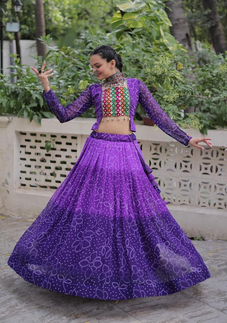 Purple Kutch Work Georgette Lehenga Set - Indya