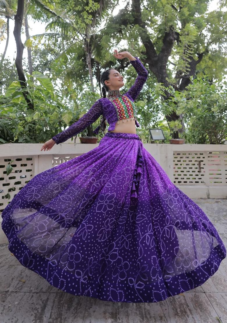 Purple Kutch Work Georgette Lehenga Set - Indya