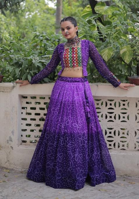 Purple Kutch Work Georgette Chaniya Choli Set For Navratri And Garba