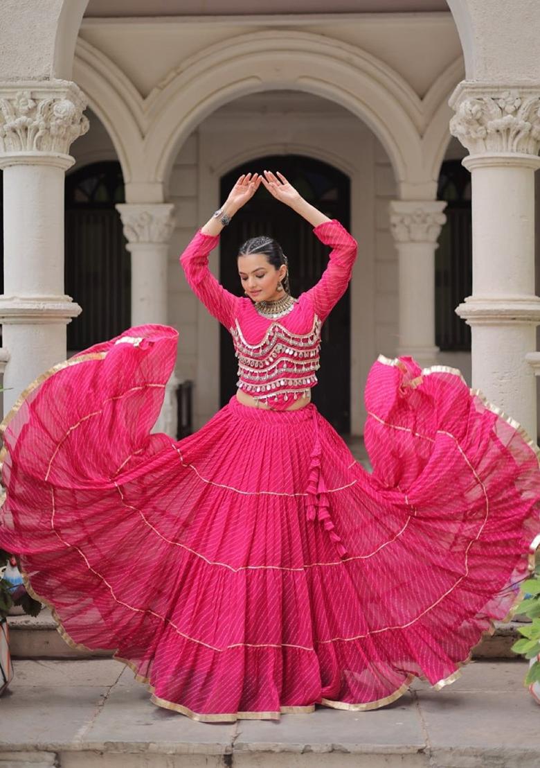 Pink Lehariya Georgette Lehenga Set - Indya
