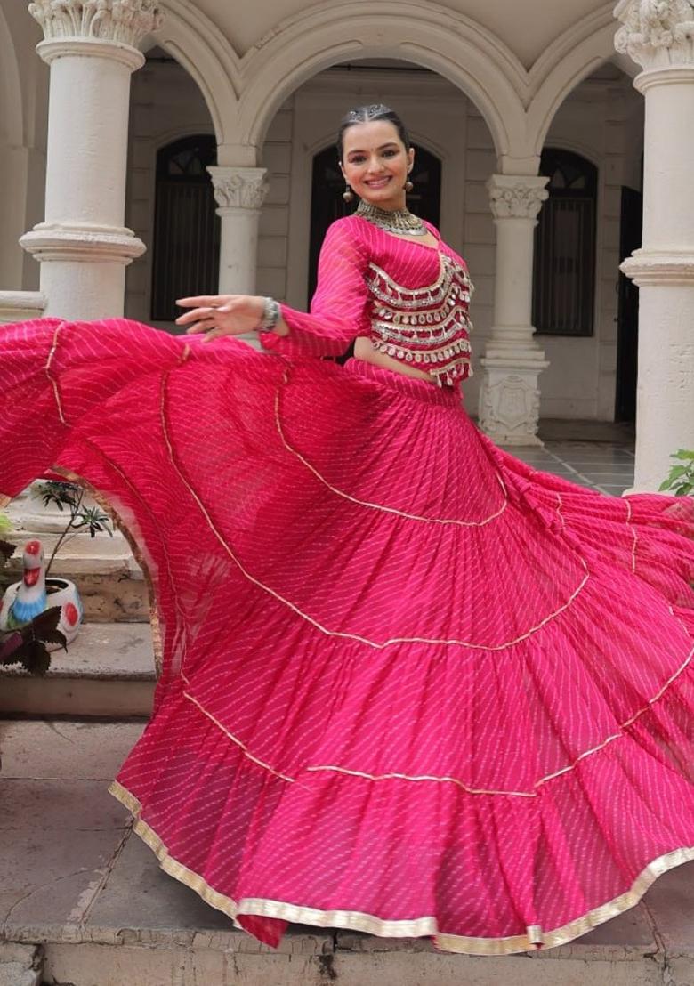 Pink Lehariya Georgette Lehenga Set - Indya