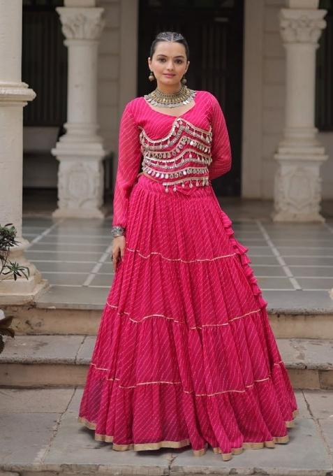 Pink Lehariya Georgette Chaniya Choli Set For Navratri And Garba