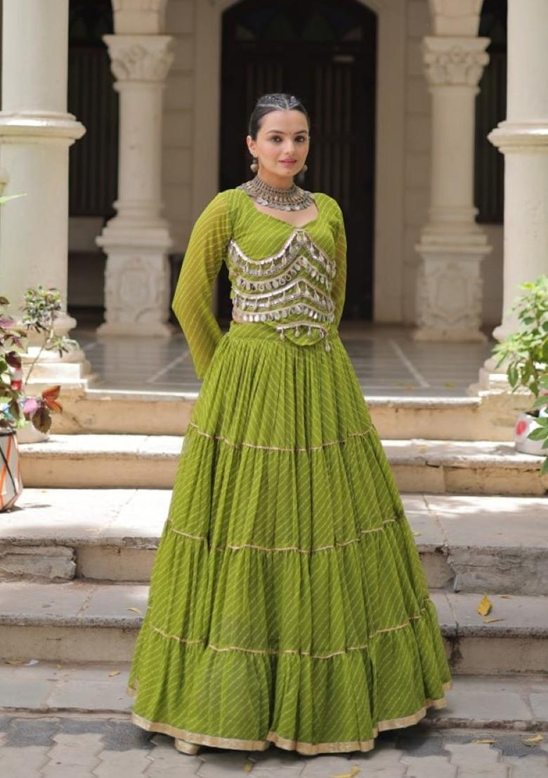 Green Lehariya Georgette Lehenga Set - Indya