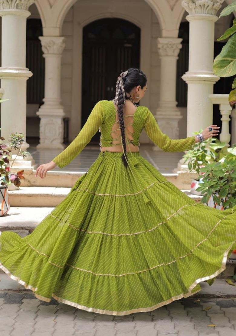 Green Lehariya Georgette Lehenga Set - Indya