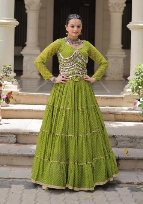 Green Lehariya Georgette Chaniya Choli Set For Navratri And Garba