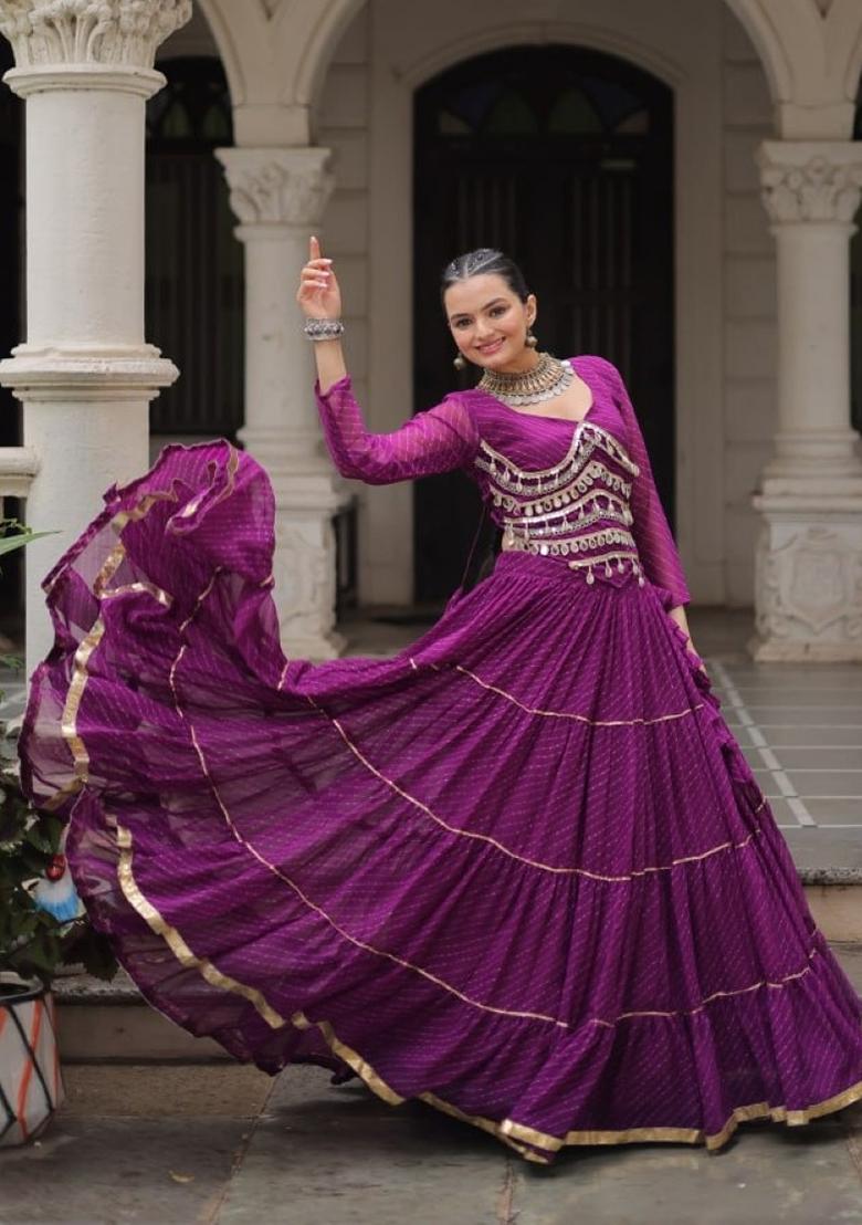 Purple Lehariya Georgette Lehenga Set - Indya