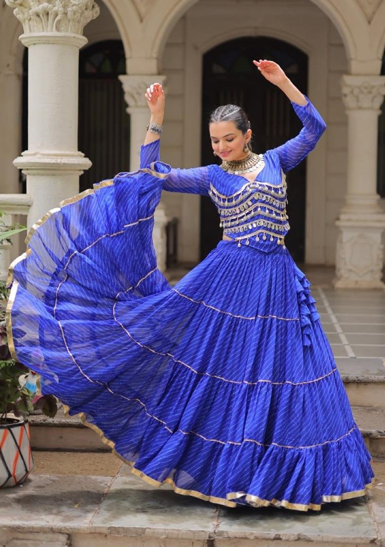 Blue Lehariya Georgette Lehenga Set - Indya
