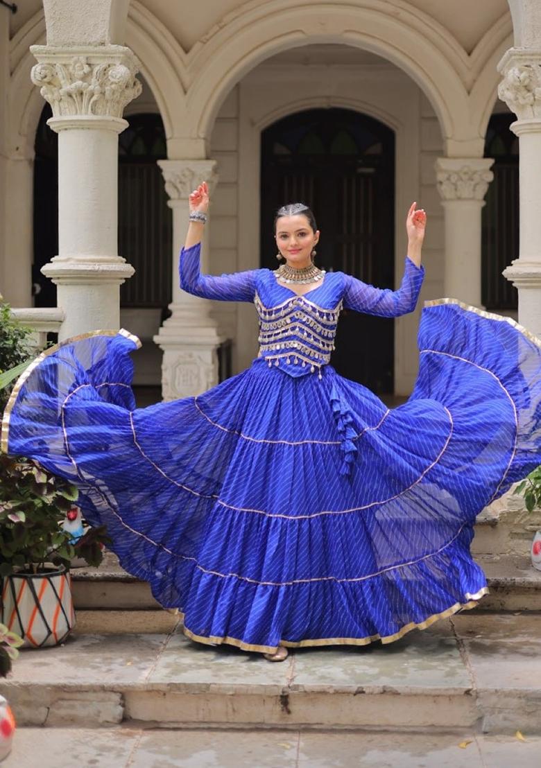 Blue Lehariya Georgette Lehenga Set - Indya