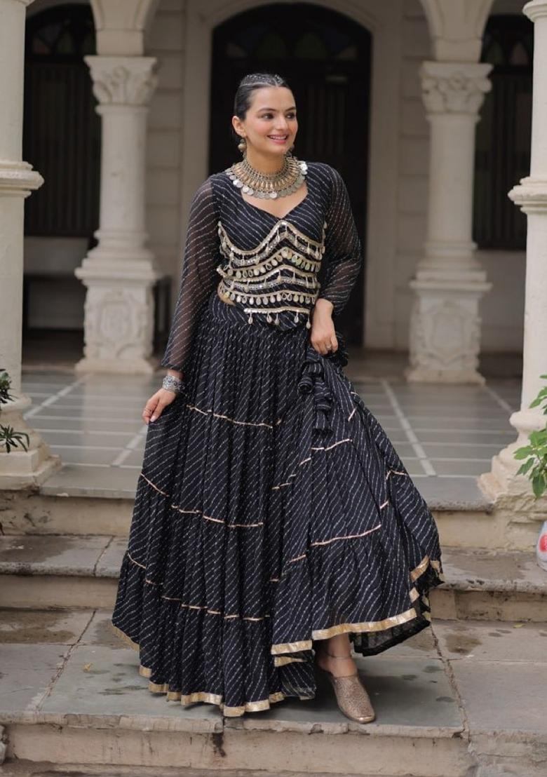 Black Lehariya Georgette Lehenga Set - Indya