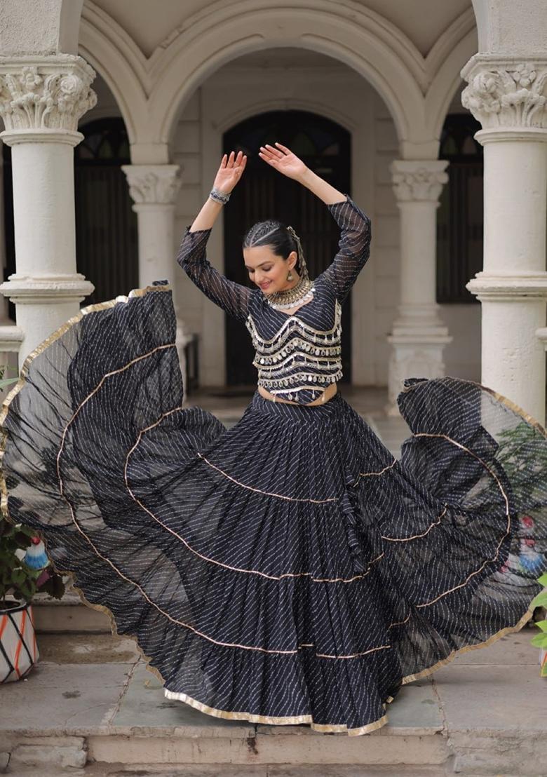 Black Lehariya Georgette Lehenga Set - Indya
