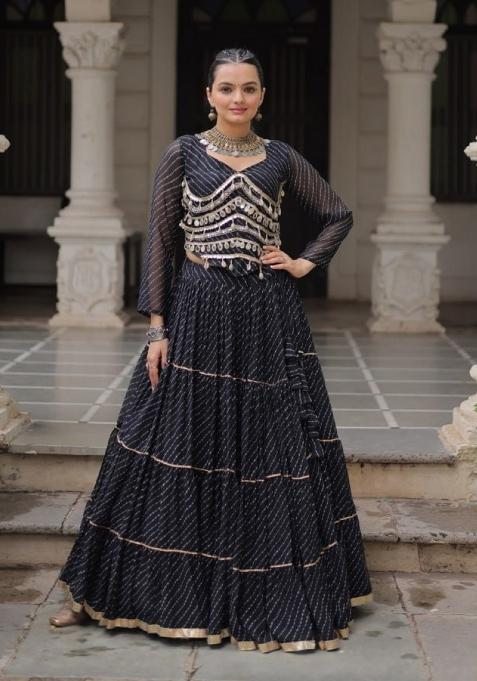 Black Lehariya Georgette Chaniya Choli Set For Navratri And Garba