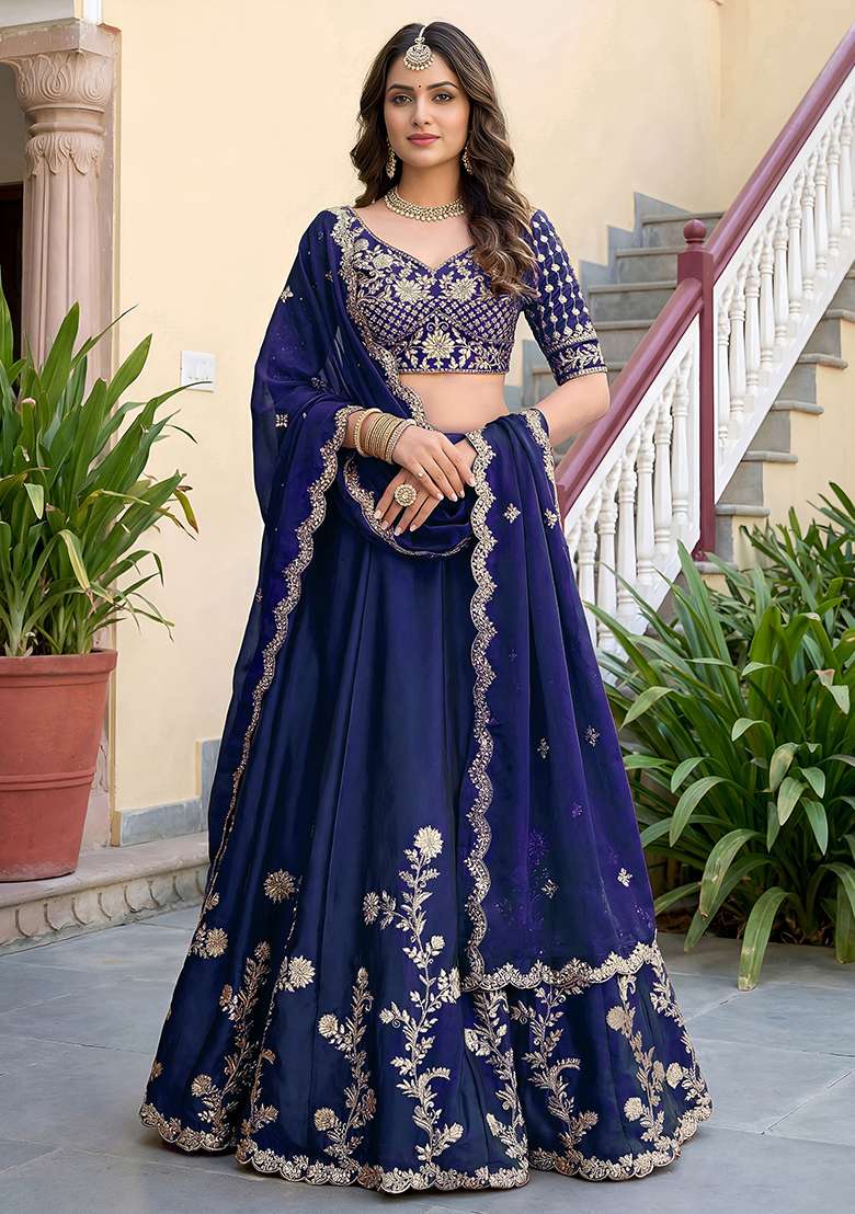Royal Blue Embroidered Silk Lehenga Set for Diwali and Festive Wear - Indya