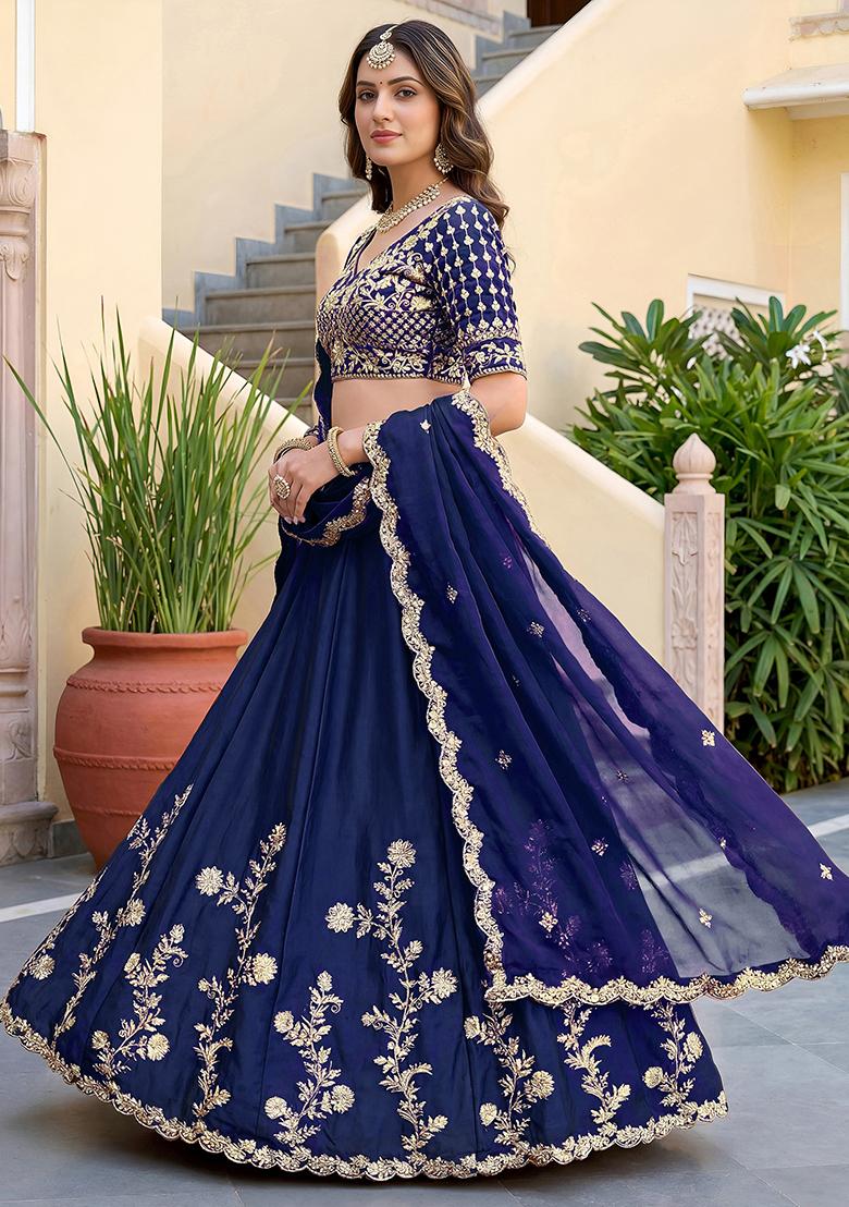 Royal Blue Embroidered Silk Lehenga Set - Indya