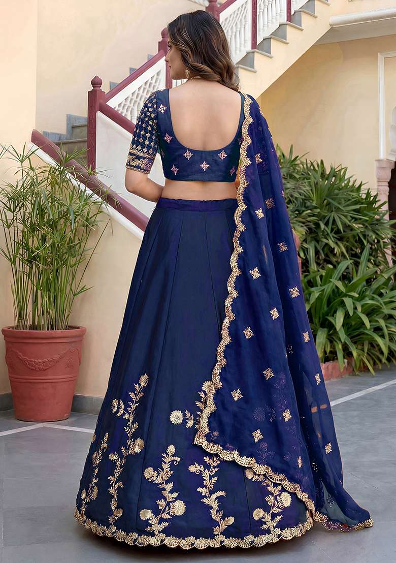Royal Blue Embroidered Silk Lehenga Set for Diwali and Festive Wear - Indya