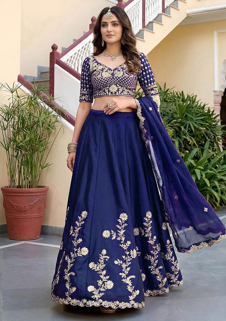 Royal Blue Embroidered Silk Lehenga Set - Indya