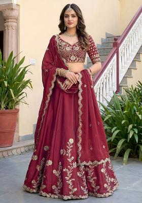 Rich Maroon Embroidered Silk Lehenga Set