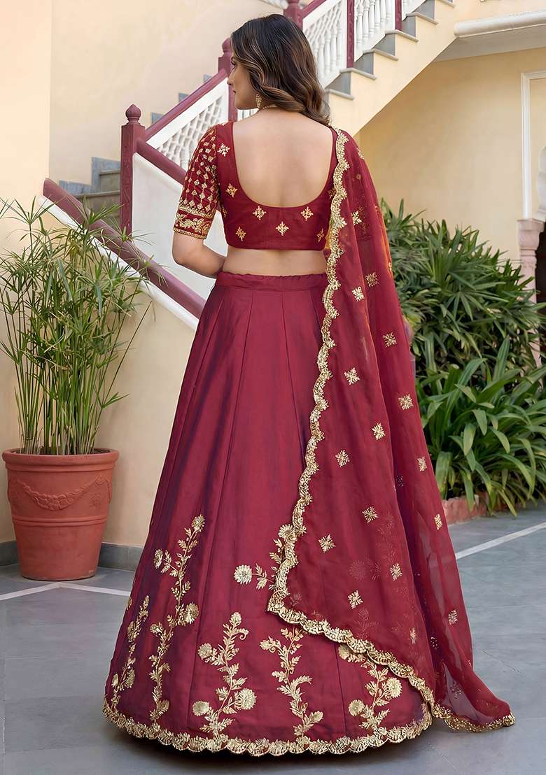 Rich Maroon Embroidered Silk Lehenga Set for Diwali and Festive Wear - Indya