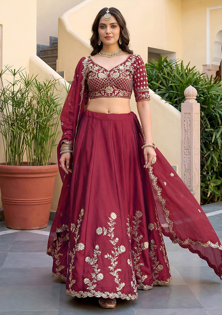 Rich Maroon Embroidered Silk Lehenga Set - Indya