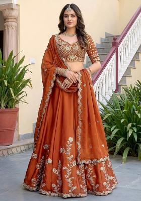Rust Orange Embroidered Silk Lehenga Set
