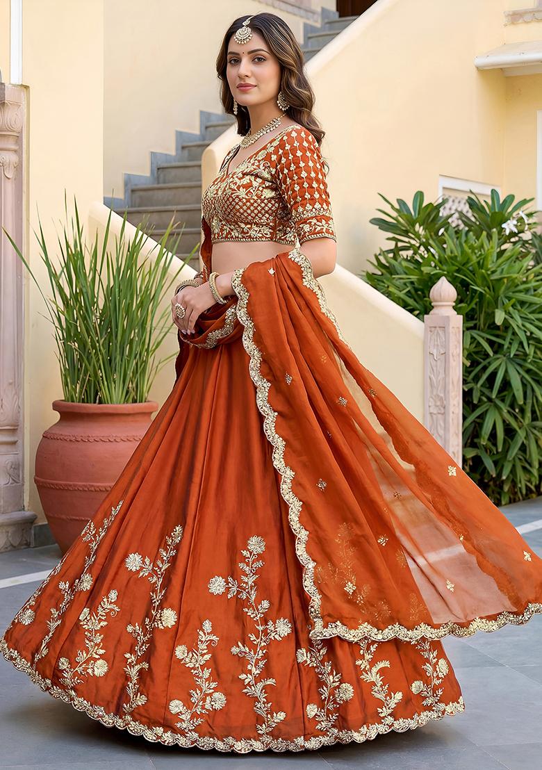 Rust Orange Embroidered Silk Lehenga Set - Indya