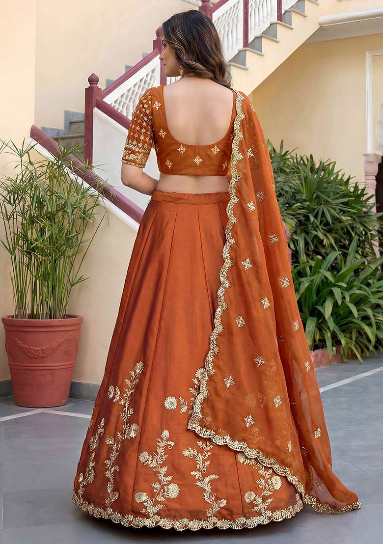 Rust Orange Embroidered Silk Lehenga Set for Diwali and Festive Wear - Indya