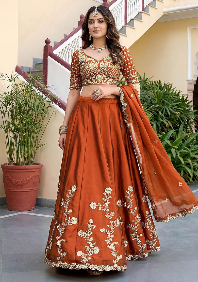Rust Orange Embroidered Silk Lehenga Set - Indya
