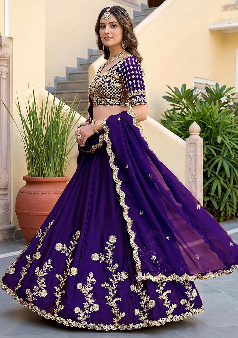 Deep Purple Embroidered Silk Lehenga Set - Indya
