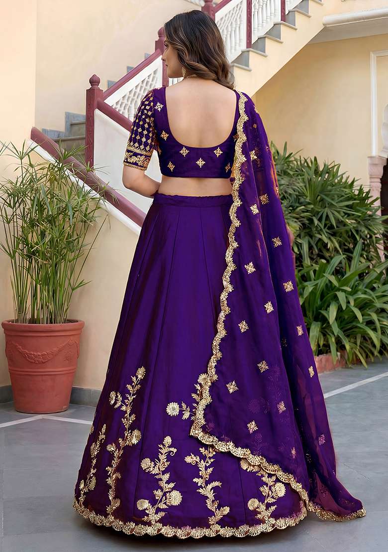 Deep Purple Embroidered Silk Lehenga Set for Diwali and Festive Wear - Indya