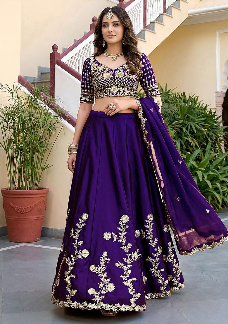 Deep Purple Embroidered Silk Lehenga Set - Indya