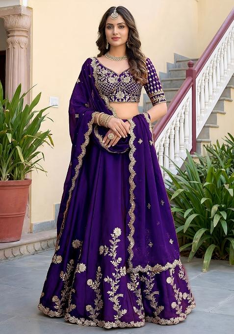 Deep Purple Embroidered Silk Lehenga Set