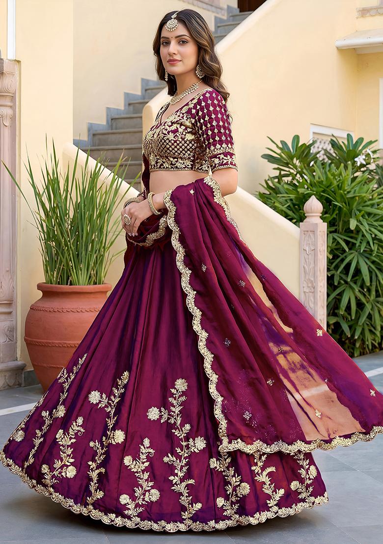 Rich Wine Embroidered Silk Lehenga Set - Indya