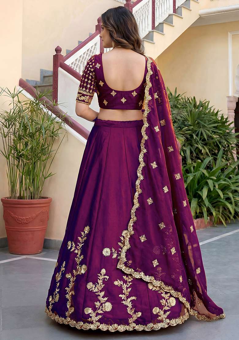 Rich Wine Embroidered Silk Lehenga Set for Diwali and Festive Wear - Indya