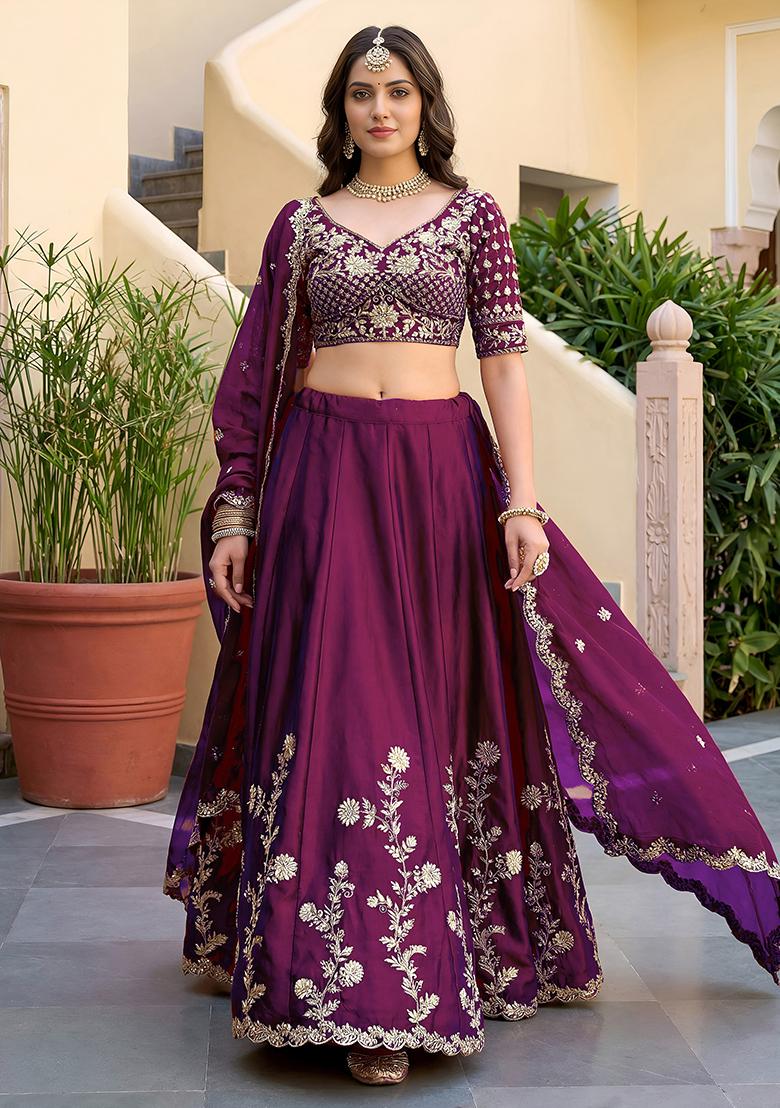 Rich Wine Embroidered Silk Lehenga Set - Indya
