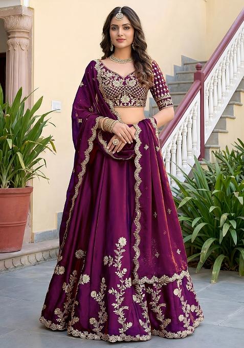 Rich Wine Embroidered Silk Lehenga Set