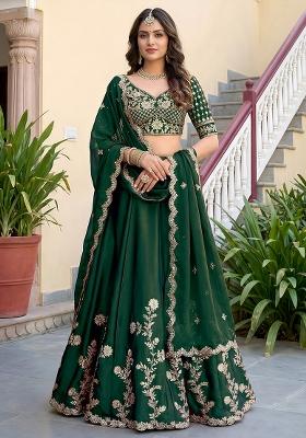 Bottle Green Embroidered Silk Lehenga Set