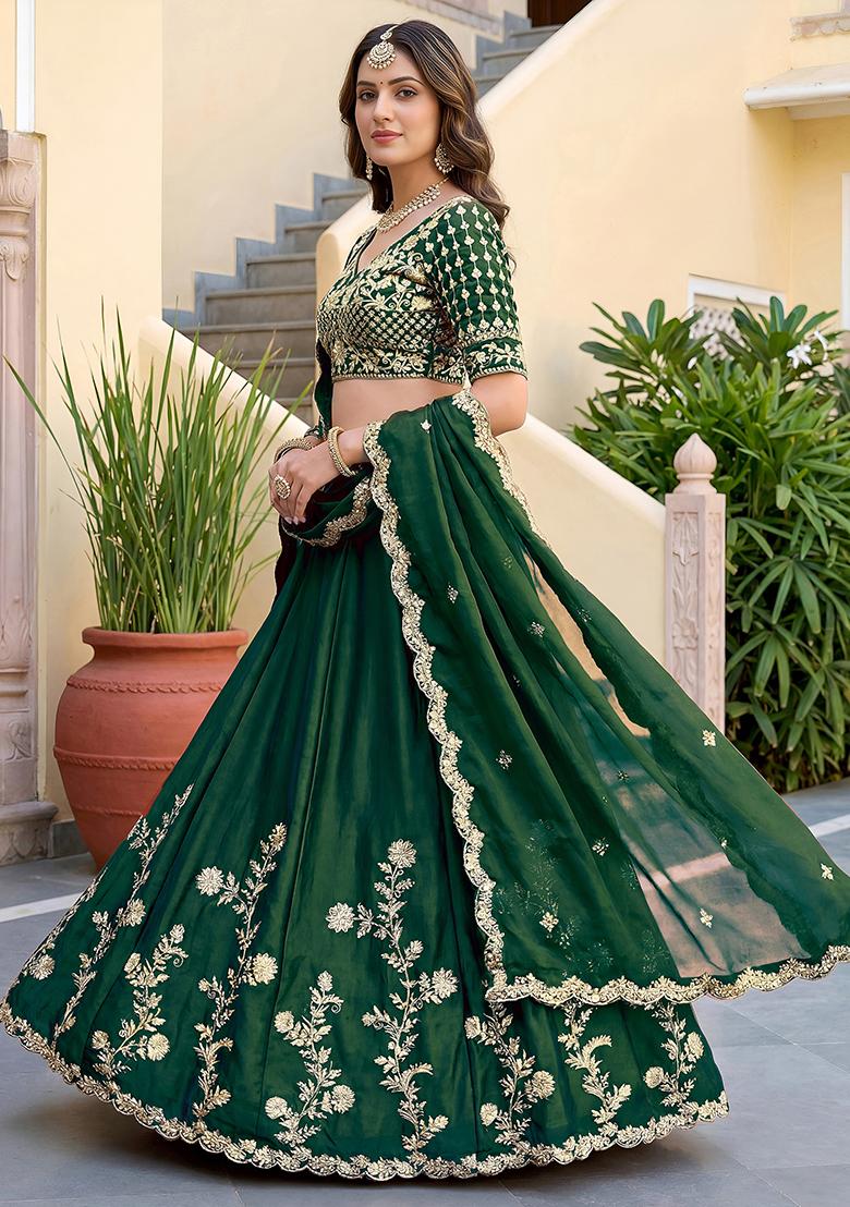 Bottle Green Embroidered Silk Lehenga Set - Indya