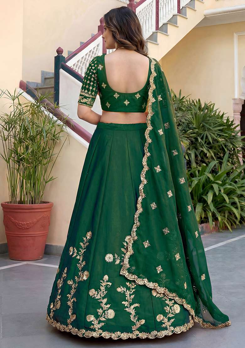Bottle Green Silk Lehenga Set with Embroidered for Diwali | Wedding & Festive Wear - Indya