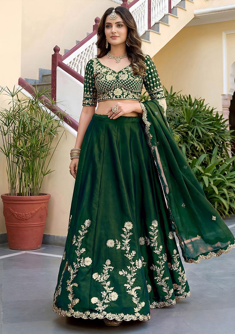 Bottle Green Embroidered Silk Lehenga Set - Indya