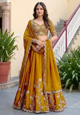 Mustard Gold Yellow Embroidered Silk Lehenga Set