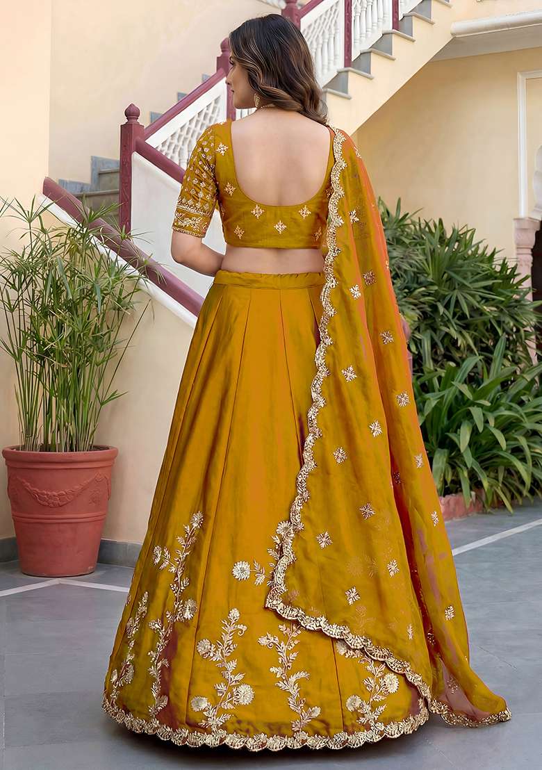 Mustard Gold Yellow Embroidered Silk Lehenga Set for Diwali and Festive Wear - Indya