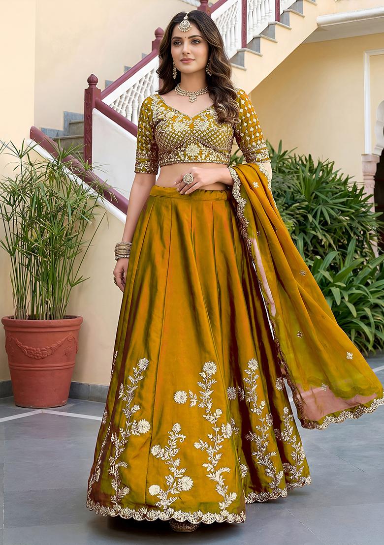 Mustard Gold Yellow Embroidered Silk Lehenga Set - Indya