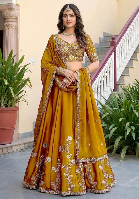 Mustard Gold Yellow Embroidered Silk Lehenga Set