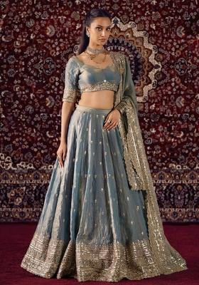 Grey Embroidered Silk Lehenga Set