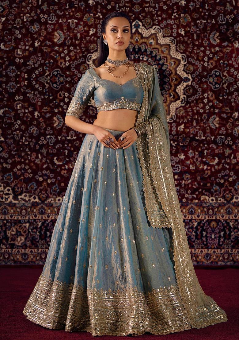 Grey Embroidered Silk Lehenga Set - Indya