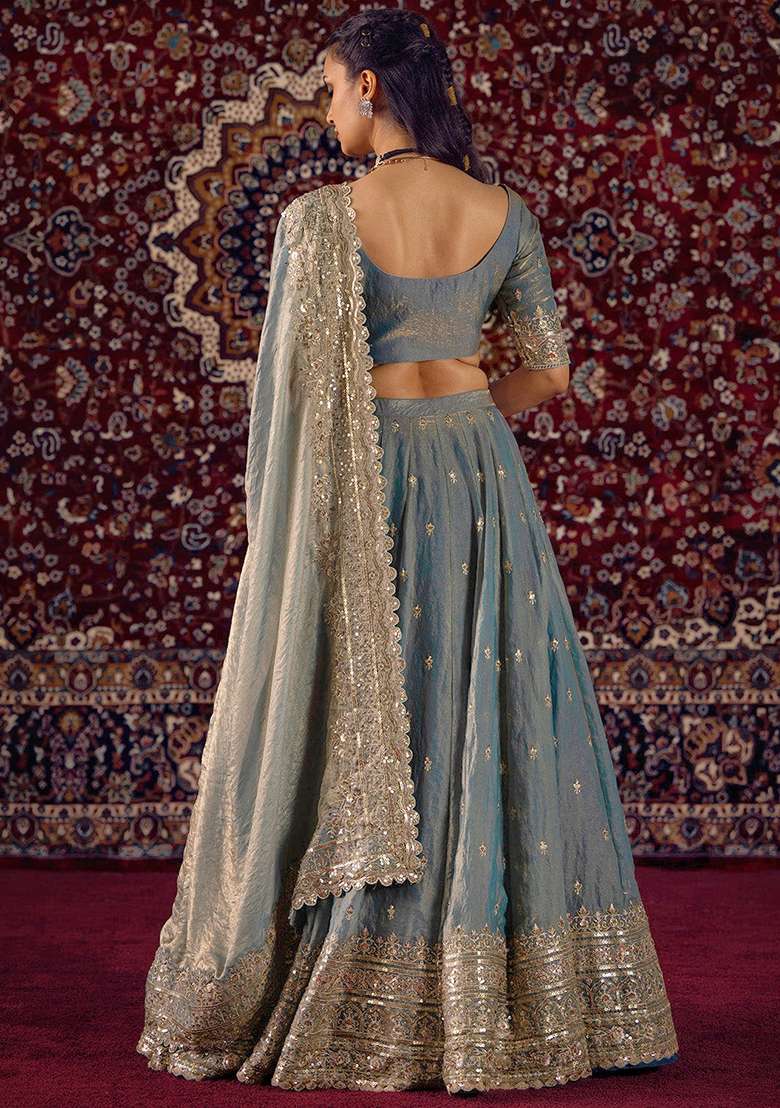 Grey Silk Lehenga Set with Embroidered for Diwali | Wedding & Festive Wear - Indya