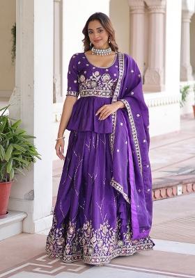 Purple Embroidered Silk Lehenga Set