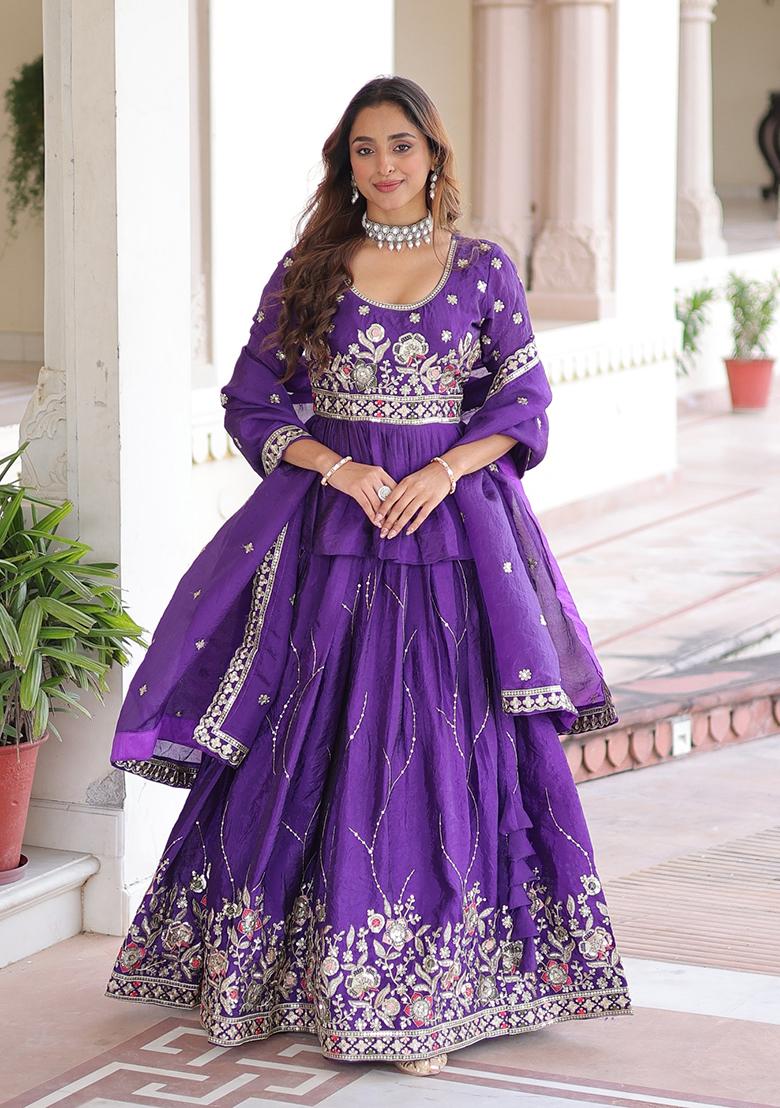 Purple Embroidered Silk Lehenga Set - Indya